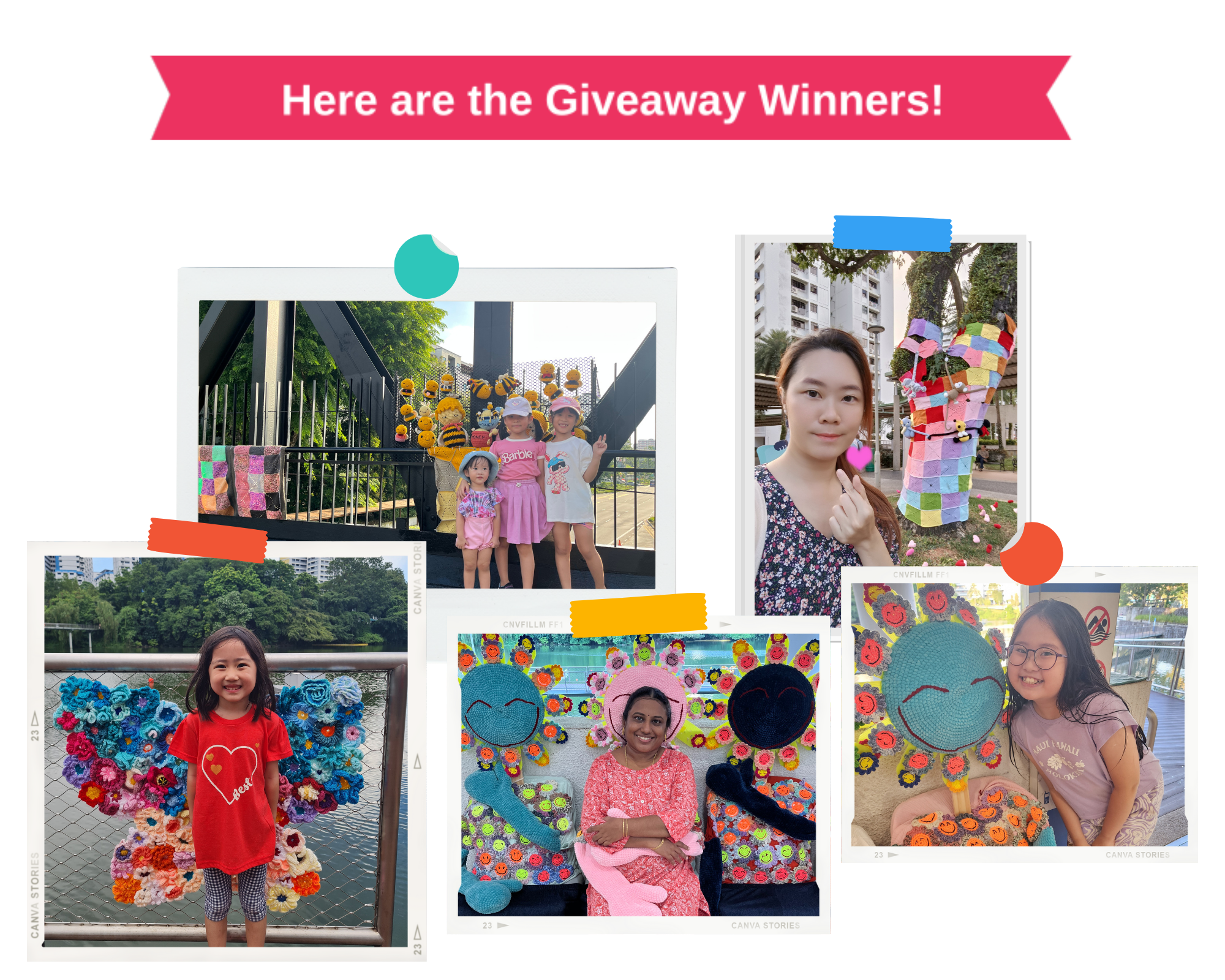 Five photos of giveaway winners posing near colorful yarn art installations outdoors, with a pink banner at the top.