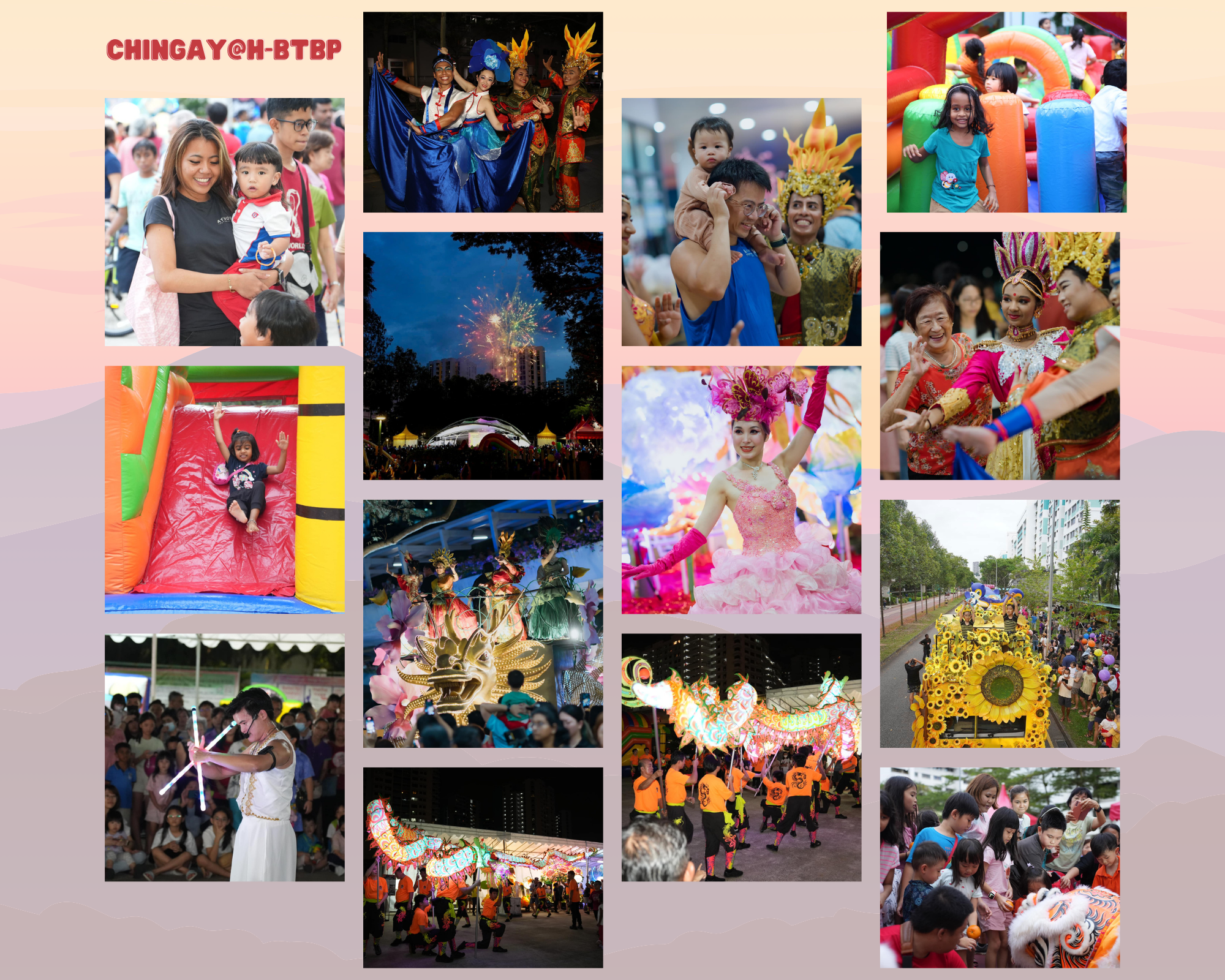 A collage featuring photos of the community smiling and community performances such as the float procession and the dragon dance while taking part at the Chingay@Heartlands.