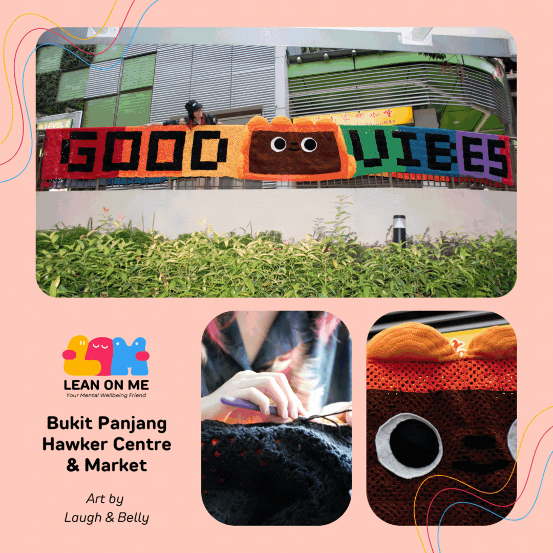 Banner on railing reads GOOD VIBES with a cute brown character; text: Bukit Panjang Hawker Centre & Market.