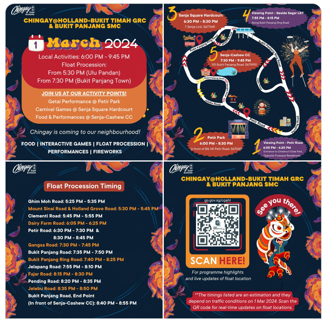 Chingay 2024 celebration at heartlands' event flyer showing schedule, float procession route map, timings, and QR code for Holland-Bukit Timah GRC & Bukit Panjang SMC.