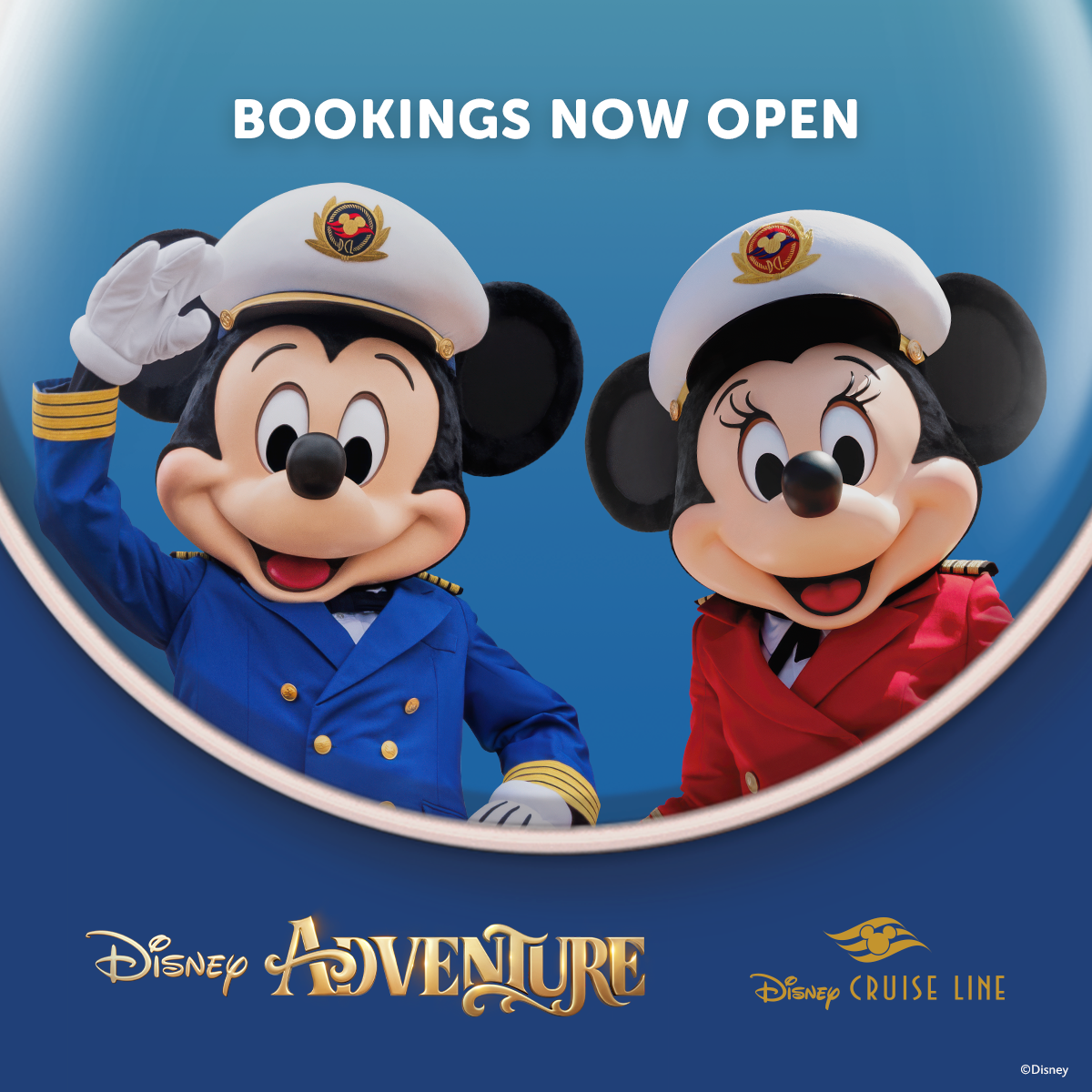 Mickey Mouse in blue captain uniform and Minnie Mouse in red uniform promote Disney Adventure Cruise Line bookings now open.