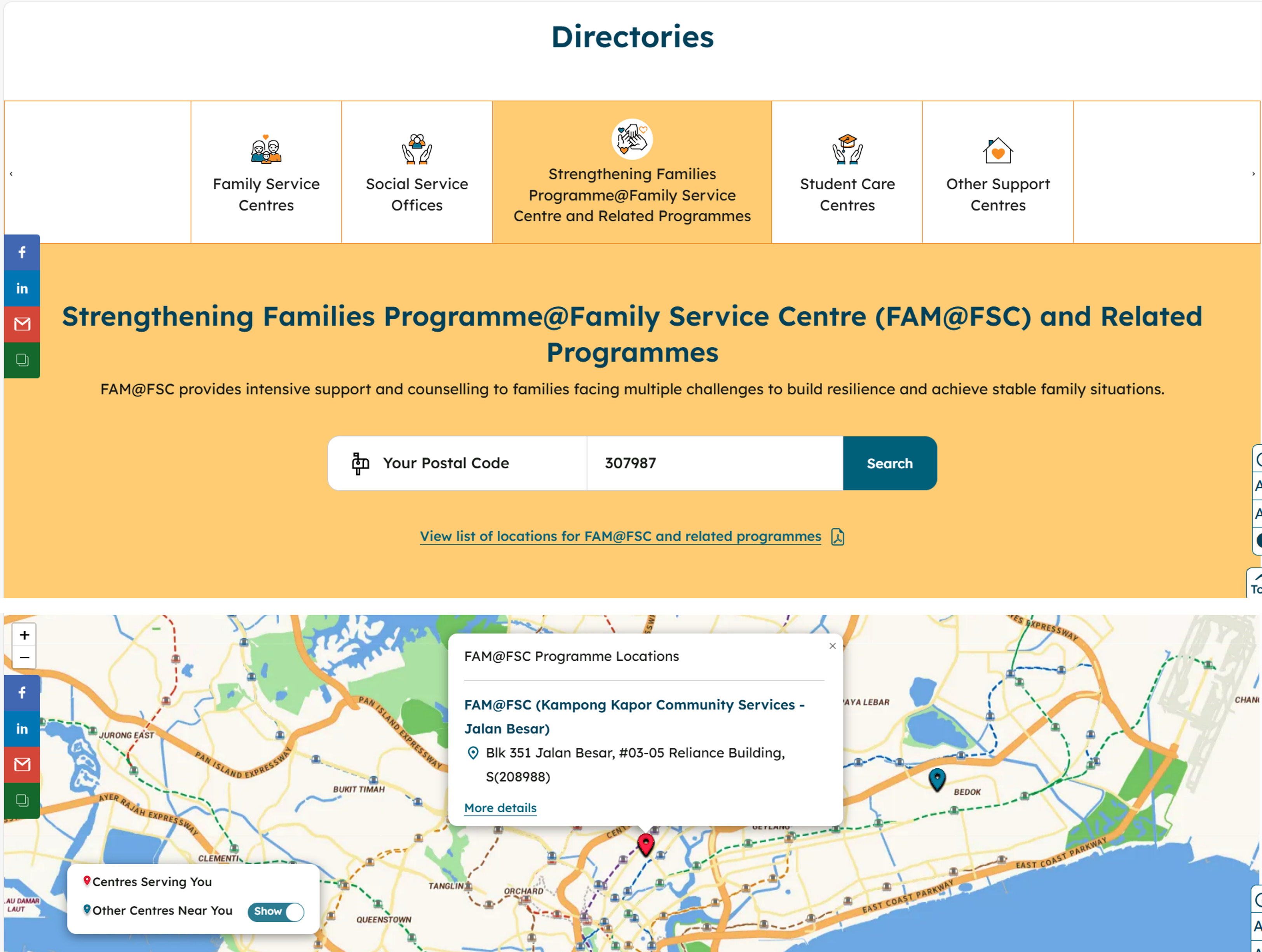 Directories page for FAM@FSC with a postal code search field and a map showing programme locations in Singapore.