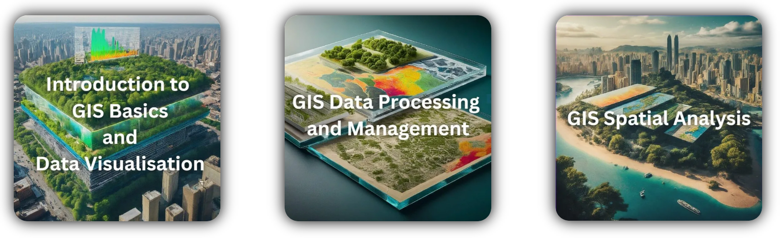 Three GIS course tiles showing cityscapes and colorful map layers with titles for Basics, Data Processing, and Spatial Analysis.