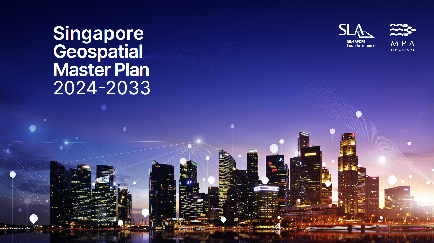 Singapore Geospatial Master Plan 2024-2033 cover showing a lit city skyline at dusk with digital network overlays.