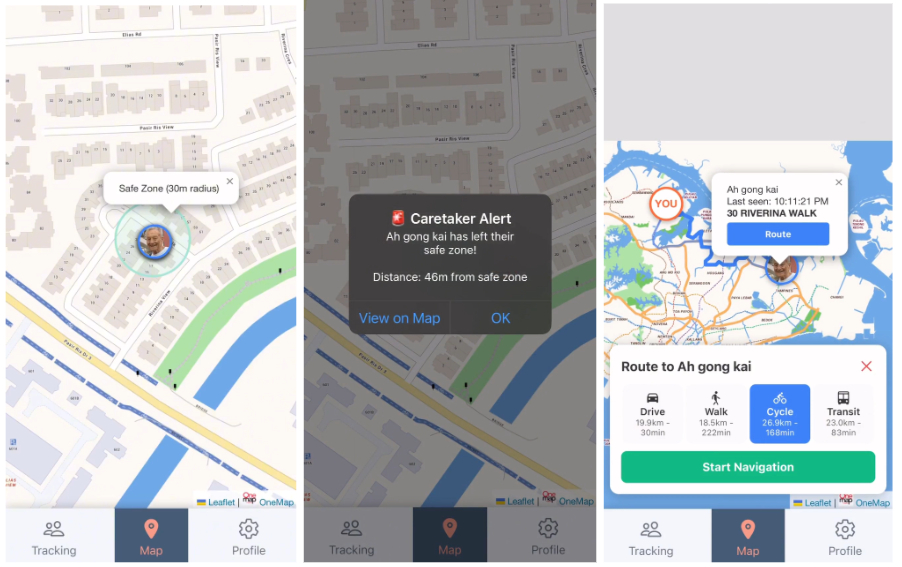 Three mobile app screenshots showing a caretaker tracking app with safe zone map, alert popup, and navigation options.