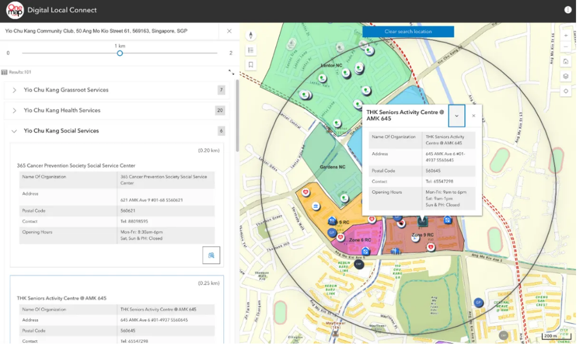 OneMap Digital Local Connect showing a Singapore neighborhood map with a 1km radius search displaying 101 community services.