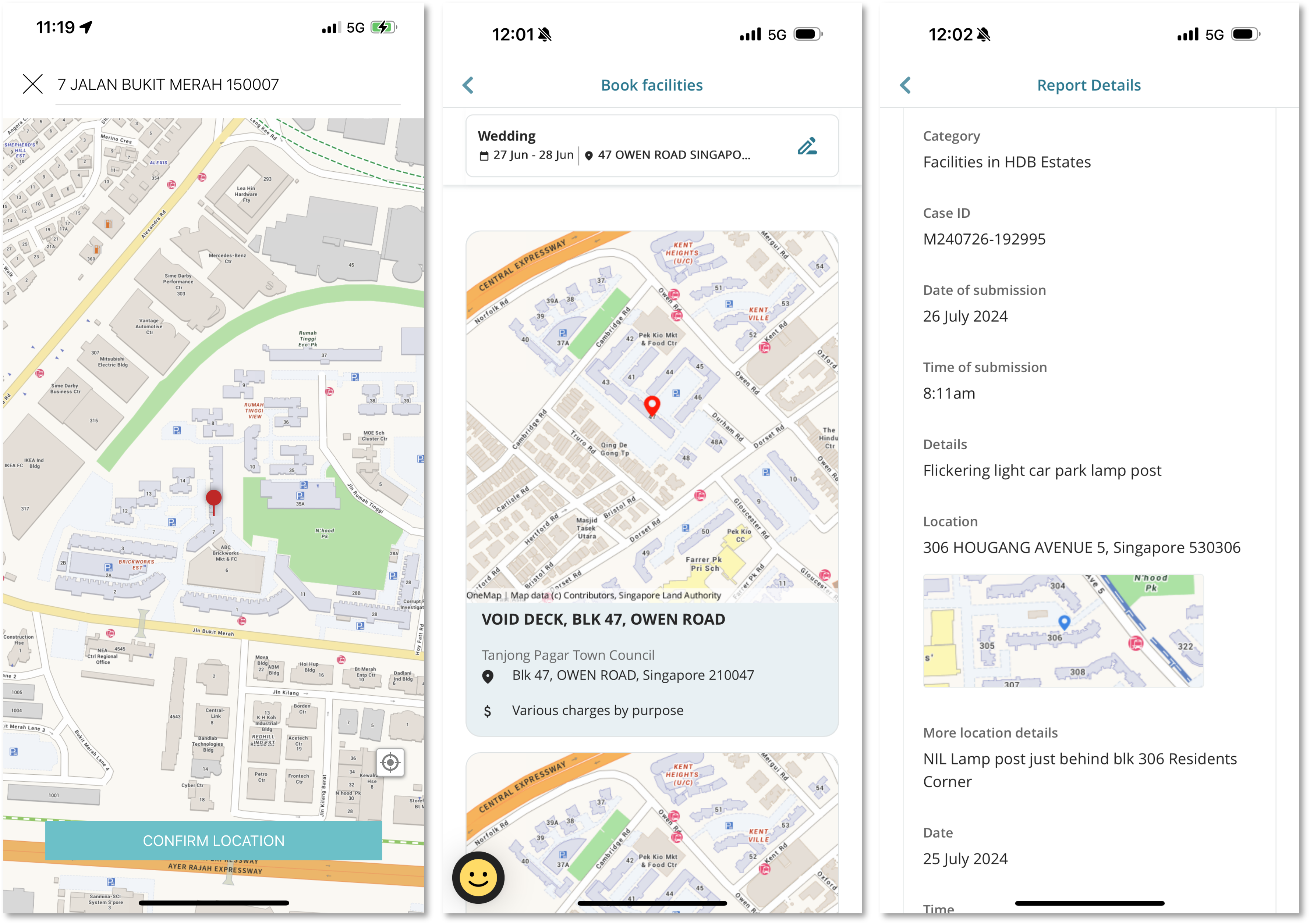 Three smartphone screens showing Singapore HDB app: a map, a facility booking page, and a report details page.