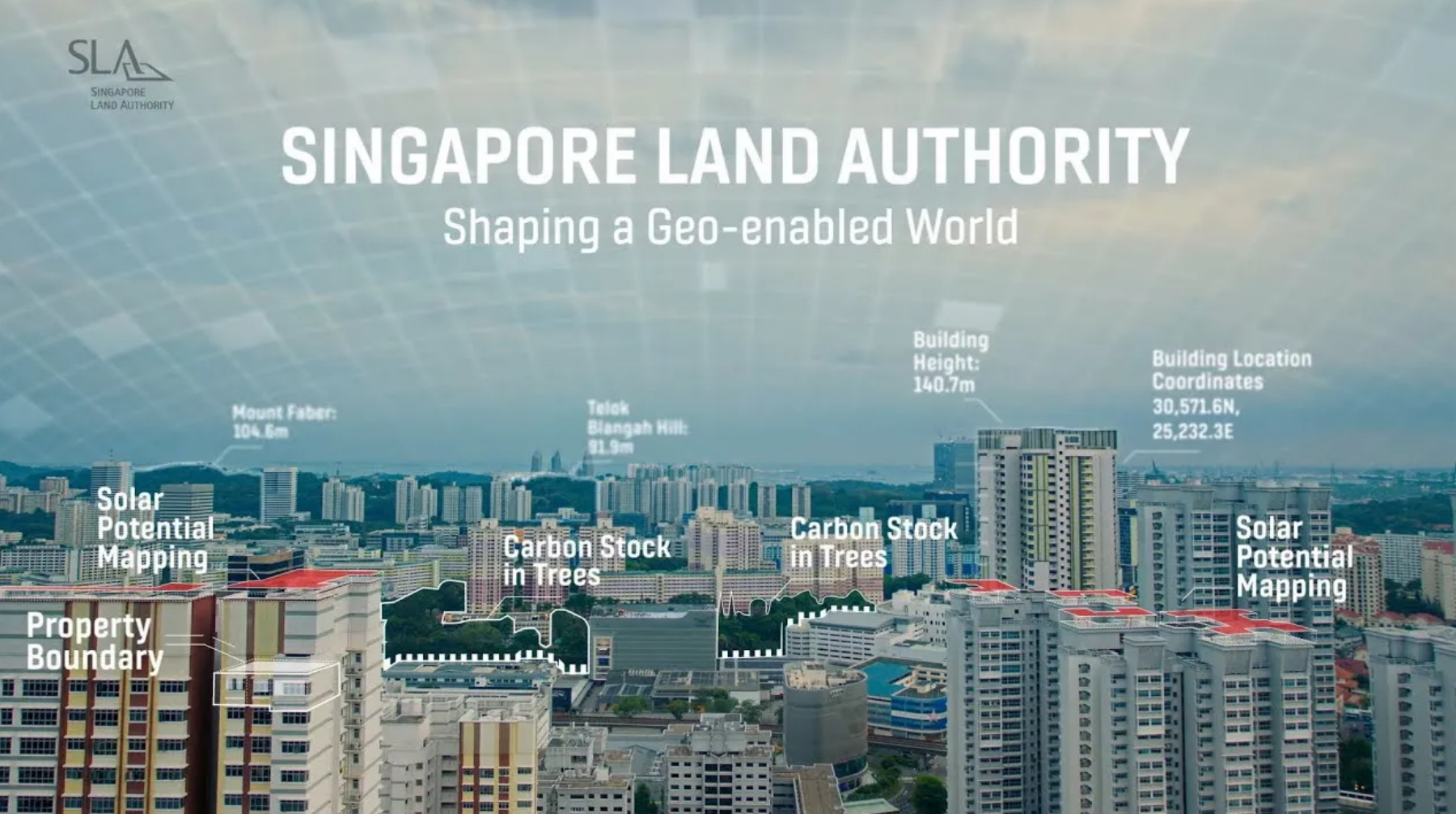 Singapore Land Authority promotional slide showing a cityscape with geo-data labels like building heights and carbon stock.