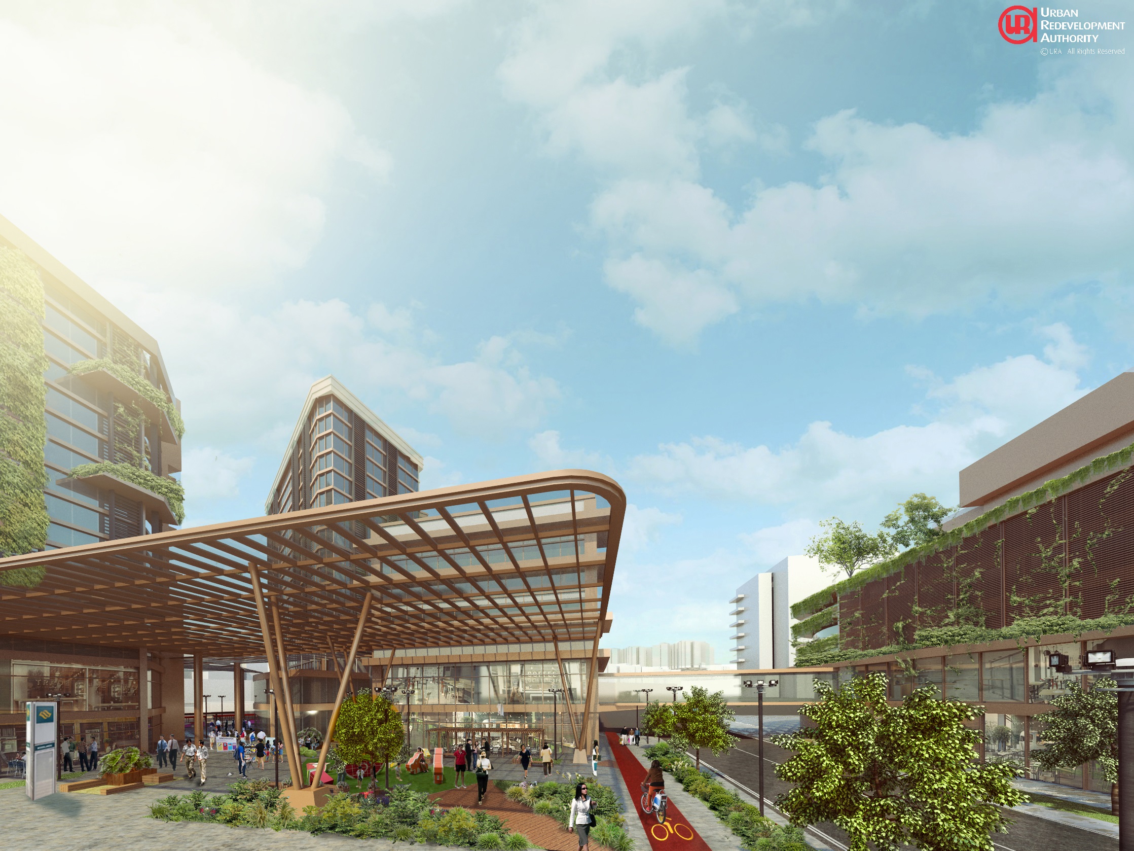 Architectural rendering of a mixed-use development with greenery on buildings and a covered walkway with people and bike path.