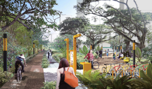 Concept rendering of a vibrant park with walking/bike paths, lush greenery, and play areas with people enjoying outdoor activities.