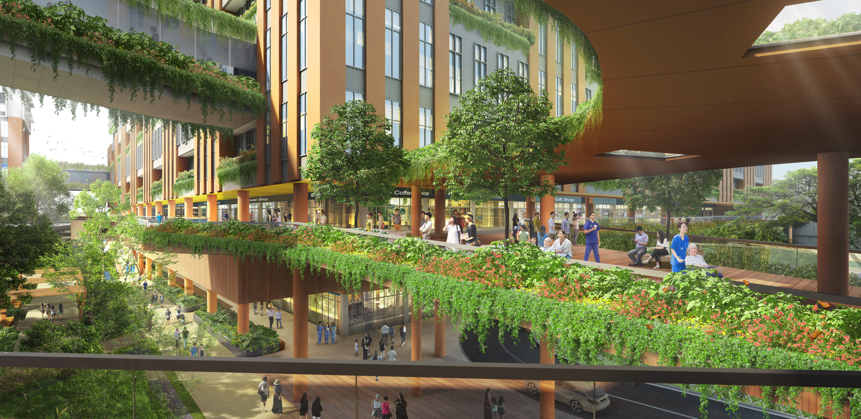Architectural rendering of a multi-story building with green spaces and pedestrian walkways filled with people.