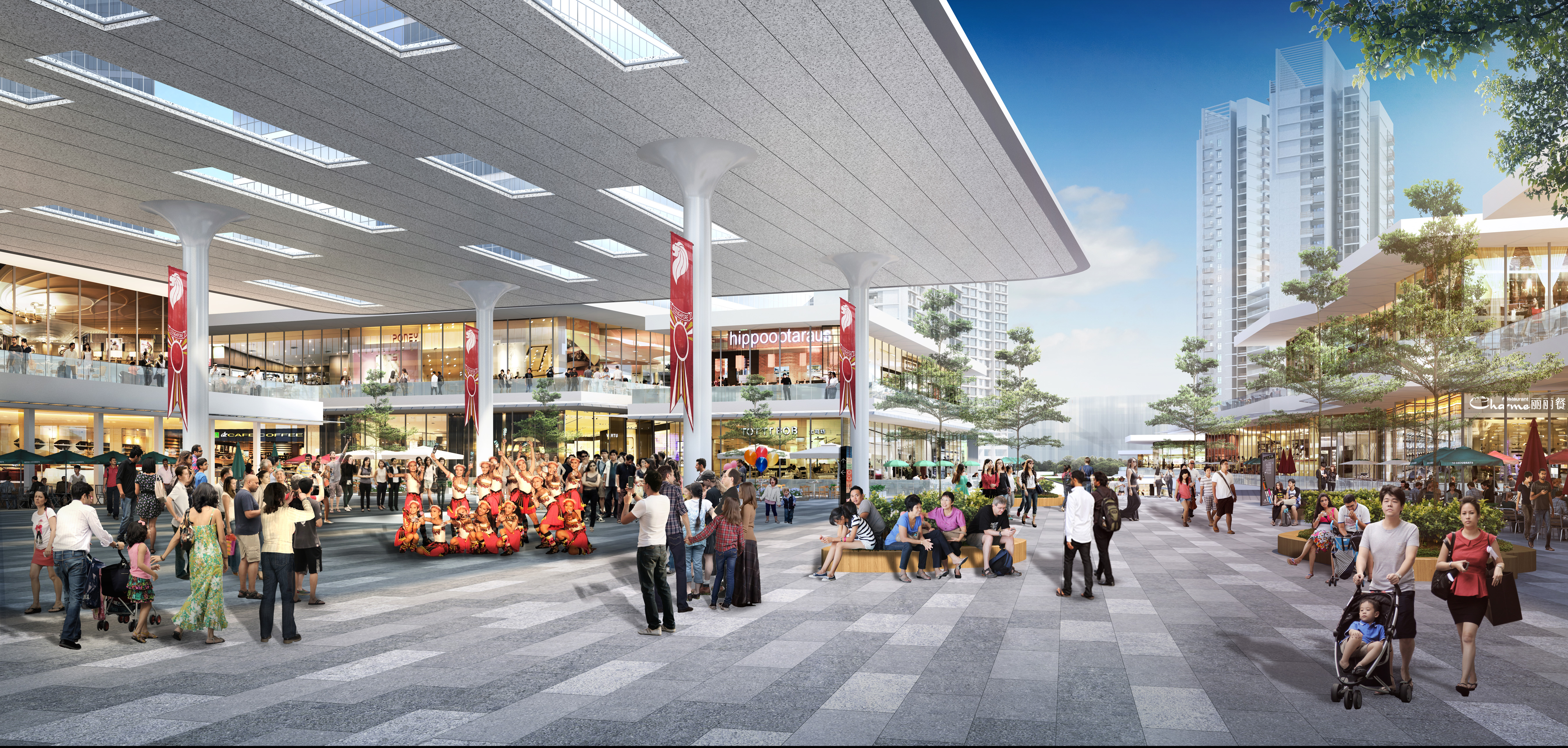 Rendering of a bustling outdoor shopping center with people, shops, and high-rise buildings.