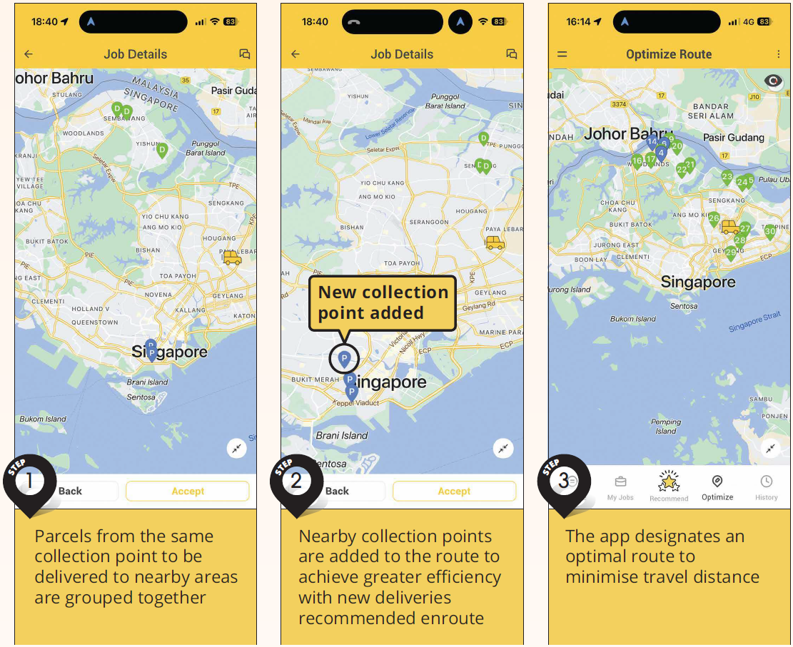 Mobile app screens showing parcel route optimisation and nearby collection points in Singapore.