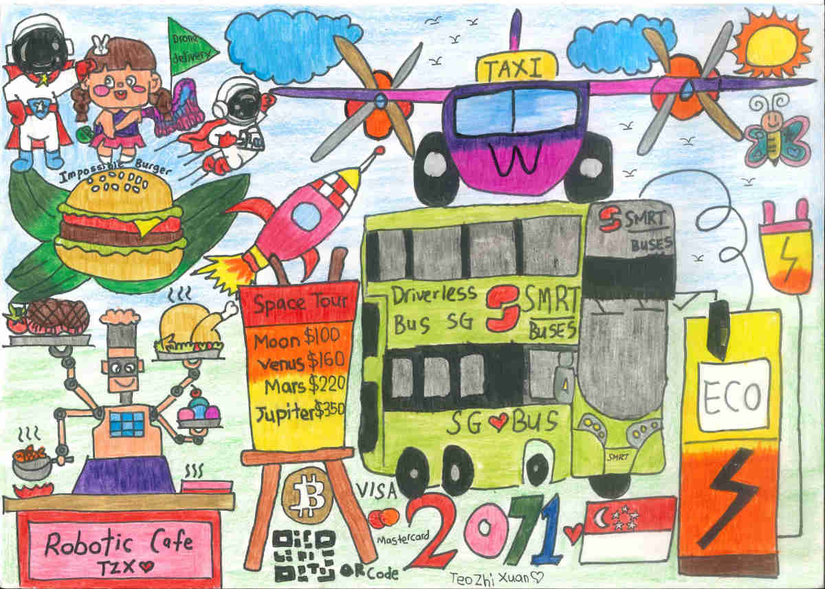 A child's colorful drawing of a futuristic Singapore, featuring robots, space travel, and sustainable transportation in the year 2071.