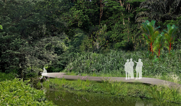 Wooden boardwalk in a lush green forest with a pond and silhouettes of people.