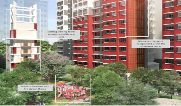 Architectural rendering of residential buildings, with a fire station themed playground.