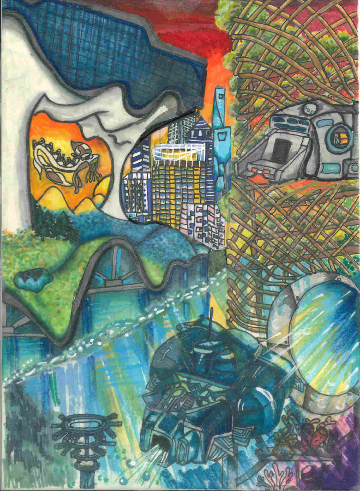 Whimsical drawing of diverse urban and natural scenes: cityscape, waterway, dragon, vehicle, all in a layered, imaginative style.