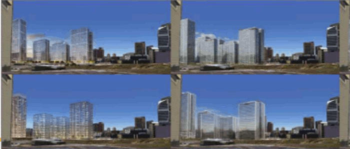 Four views of a city skyline with skyscrapers under a blue sky