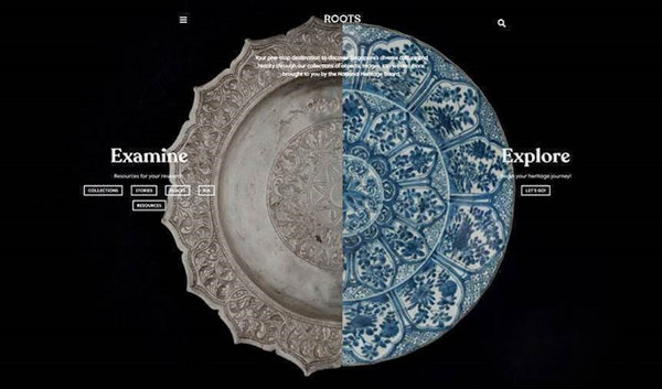"Roots" website homepage. Half-silver and half-blue patterned plates on a black background with "Examine" and "Explore" text.