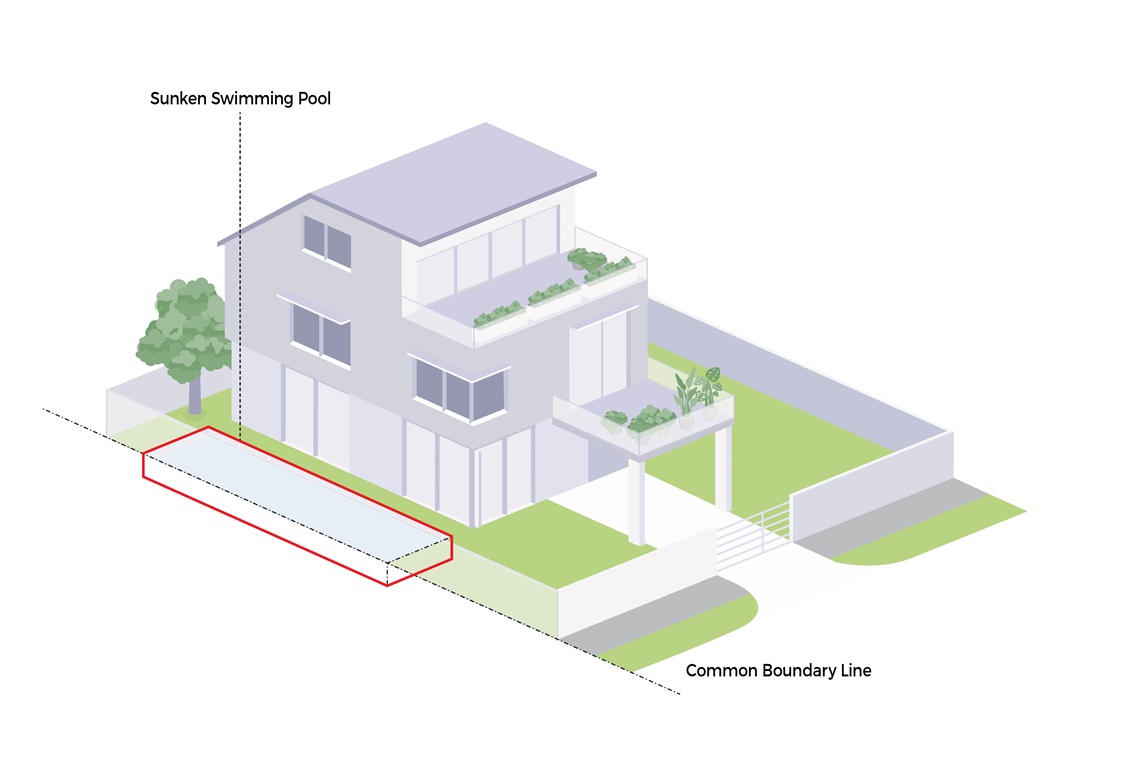 Isometric illustration of a modern house with a sunken swimming pool and balconies with plants.