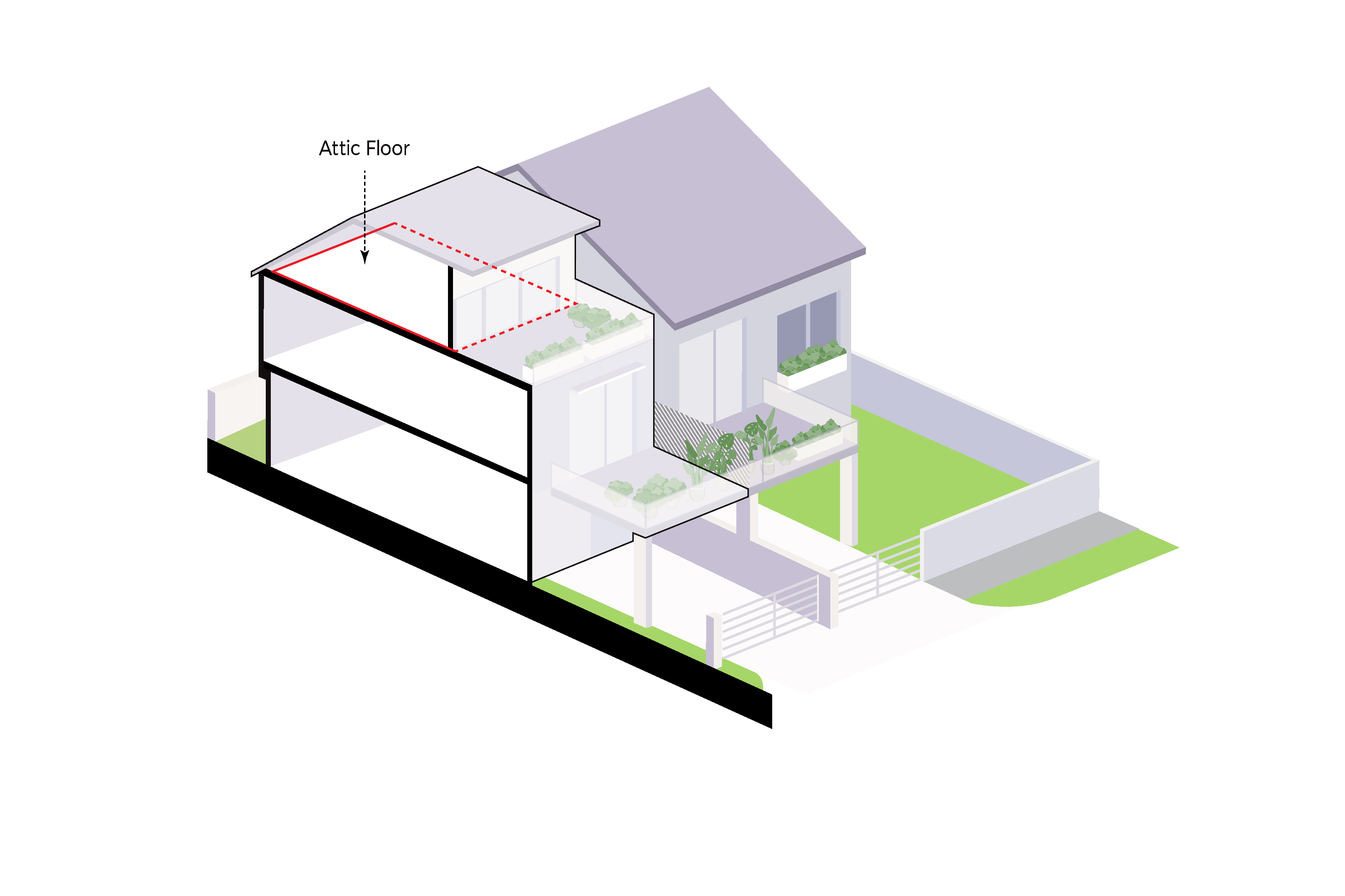 Isometric diagram of a cutaway house showing the attic floor level with an arrow pointing to it.