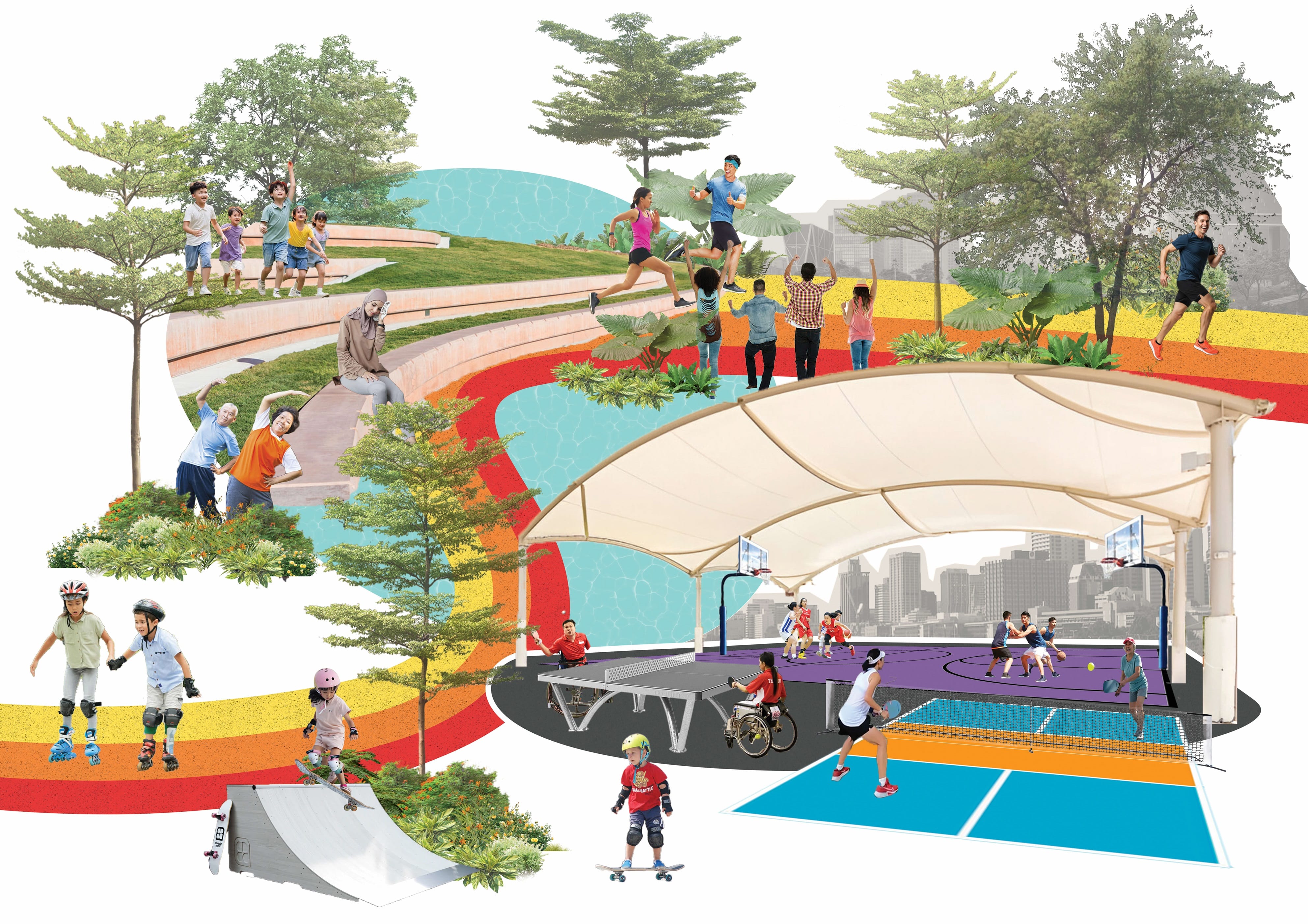 Photomontage of people doing sports
