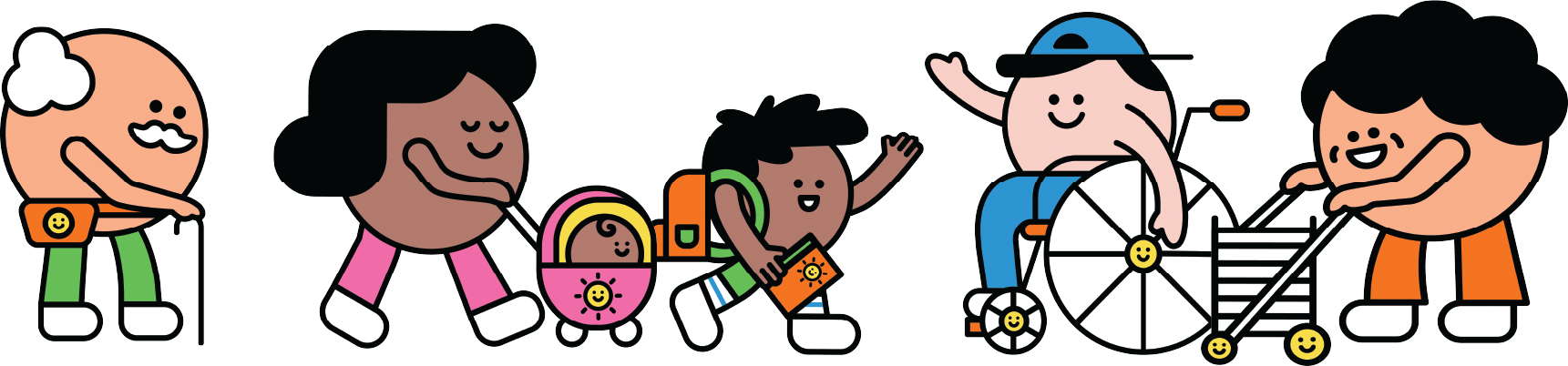 Illustration of diverse, smiling people: an elder, a woman pushing a stroller, a child, a person in a wheelchair, and another pushing a walker.