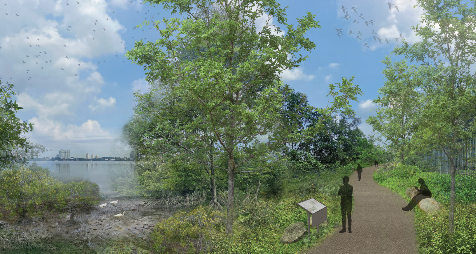 Landscape rendering of a nature trail with trees, birds, a body of water, and walkers.