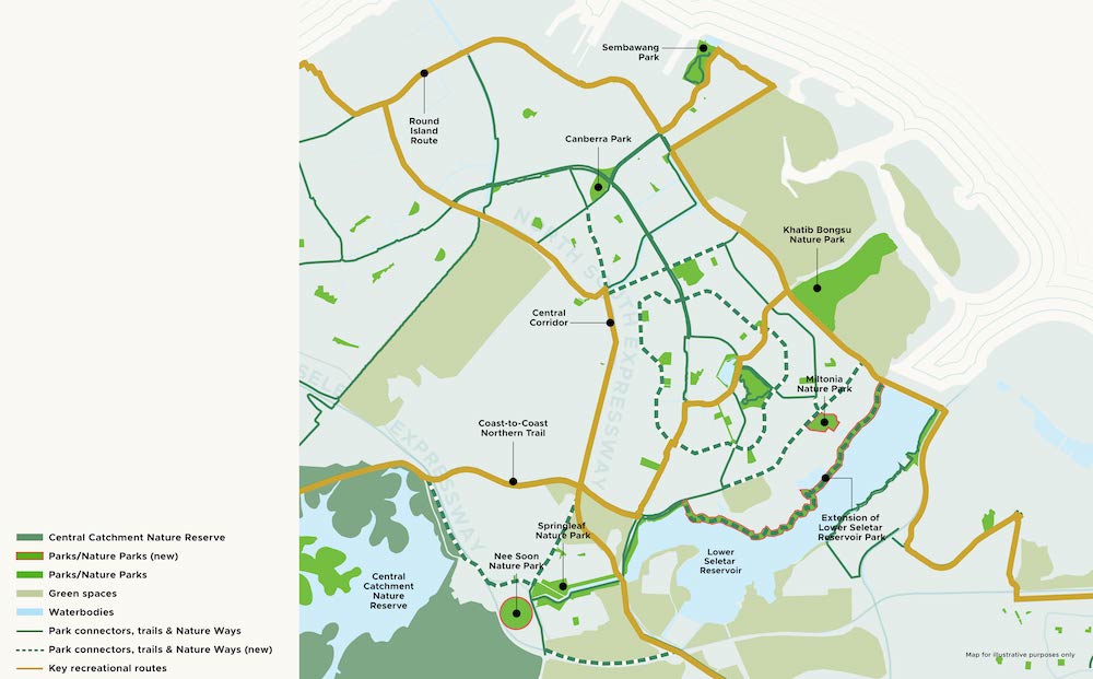 Map of Singapore's northern parks and nature trails, including the Round Island Route and Coast-to-Coast trail.