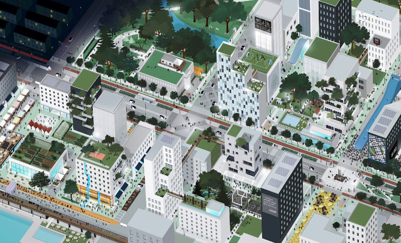 Isometric illustration of a vibrant, sustainable city with green roofs, pedestrian walkways, and mixed-use buildings.
