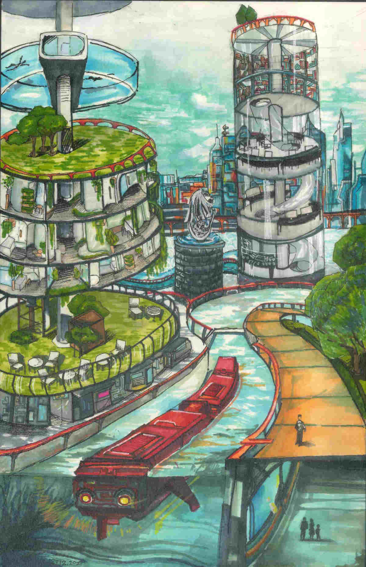 Watercolor painting of a futuristic city with buildings, water canals, a boat, and people.