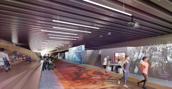 Conceptual rendering of an inclusive underpass with public art, seating, and walking space. People are using the space.