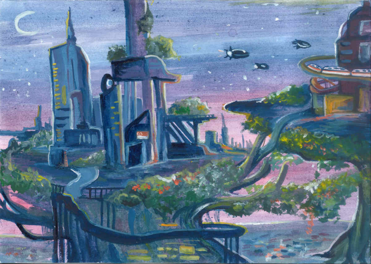 Painting of a futuristic city with skyscrapers, trees, and flying vehicles under a moonlit sky.