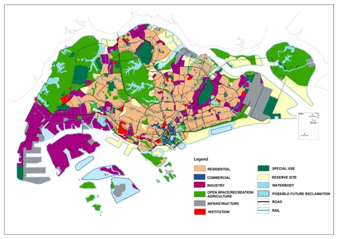 Map of Singapore showing land use types: residential, commercial, industrial, open space, infrastructure, etc., with a legend.