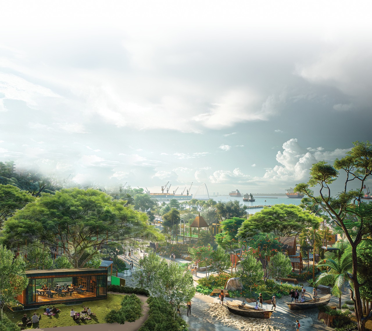 An artist's rendition of a park with a harbor view, people, and trees.