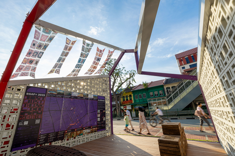 A striking three-dimensional reimagination of the Archifest logo offers a cosy space where visitors can relax, by RT+Q Architects