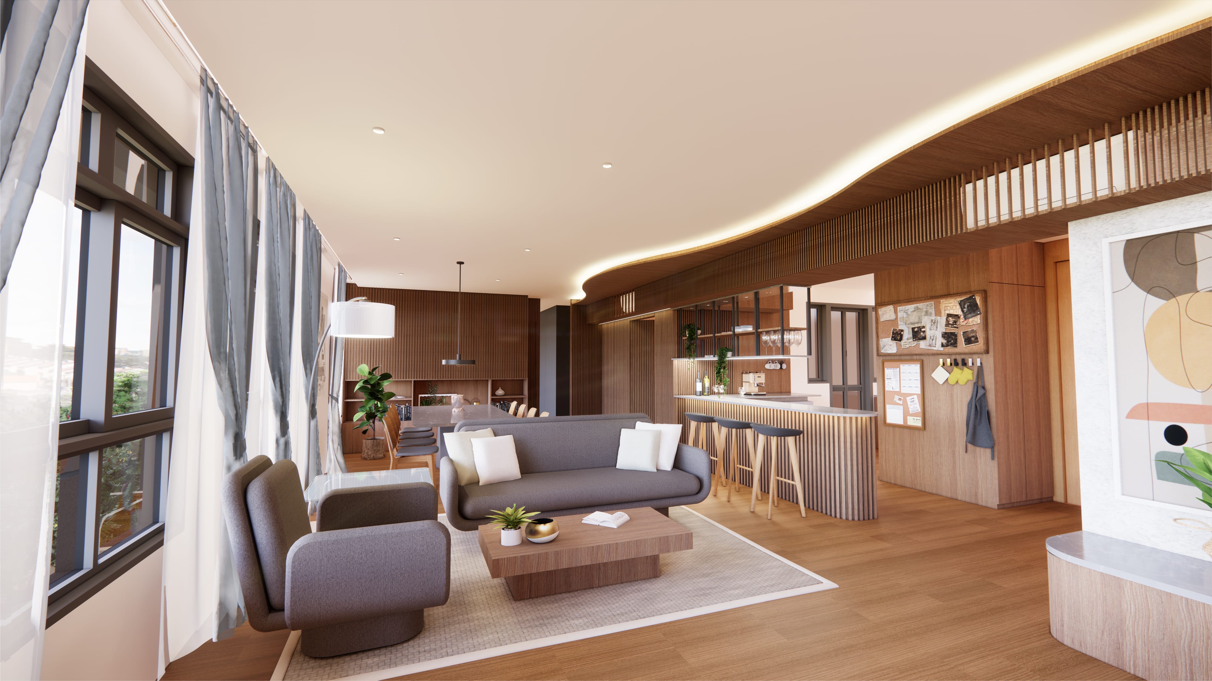 Living room with a sofa, chairs, and bar area, featuring wood and neutral tones. Large window with curtains on the left.