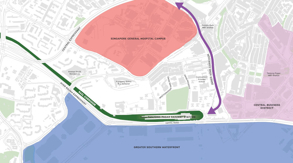 Map of Singapore showing Singapore General Hospital, Tanjong Pagar Railway Station, and Central Business District with transport corridors.