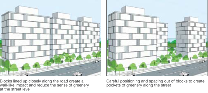 Two images comparing dense vs. spaced apartment block designs, showing differing greenery at street level.