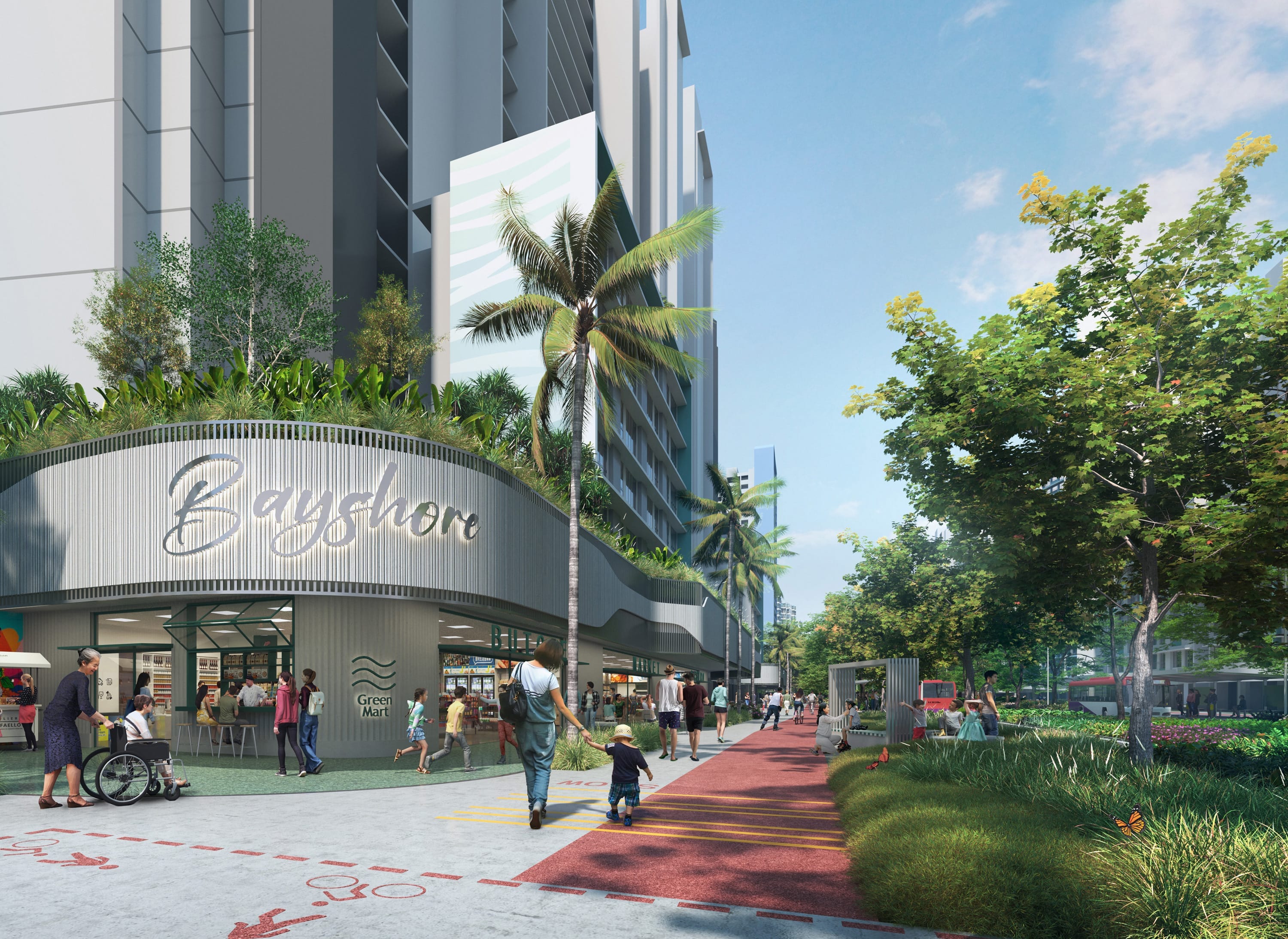Render of cycling path and vibrant 1st storey spaces