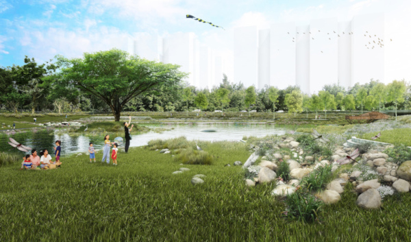Rendering of people enjoying a park with a pond, trees, and a kite in the sky.