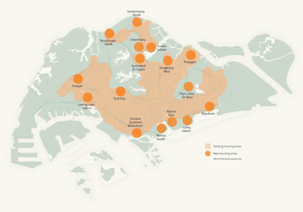 Map of Singapore showing existing and new housing areas in orange and peach, respectively.