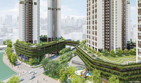Architectural rendering of apartment towers with verdant, green-covered bases and a city skyline in the background.