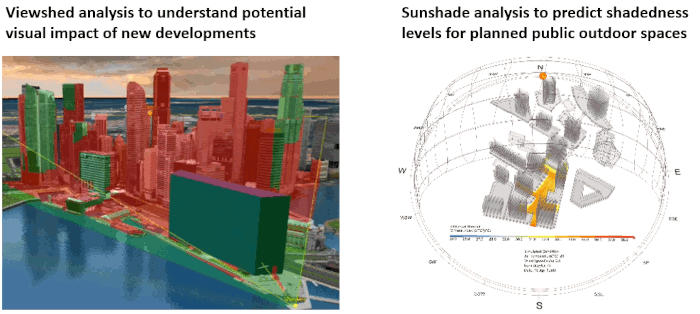 Viewshed and sunshade analysis models of city buildings; one shows potential visual impact of new buildings, the other shading levels.