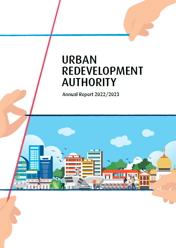 Urban Redevelopment Authority Annual Report 2022/2023 featuring the skyline of Singapore with various buildings and landmarks.
