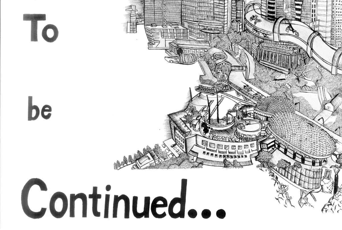 Hand-drawn cityscape with buildings and elevated walkways. Text reads "To be Continued..." Black and white illustration.