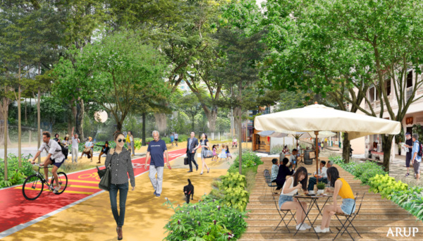 Landscape architectural rendering of a shaded pedestrian walkway with a bike path and outdoor seating area.