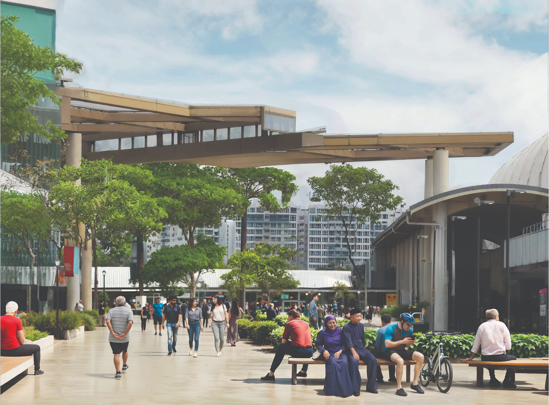 Pedestrians on a walkway with benches, trees, and buildings. A covered walkway is overhead.