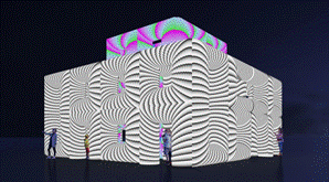 Building facade with swirling black-and-white op-art light projection