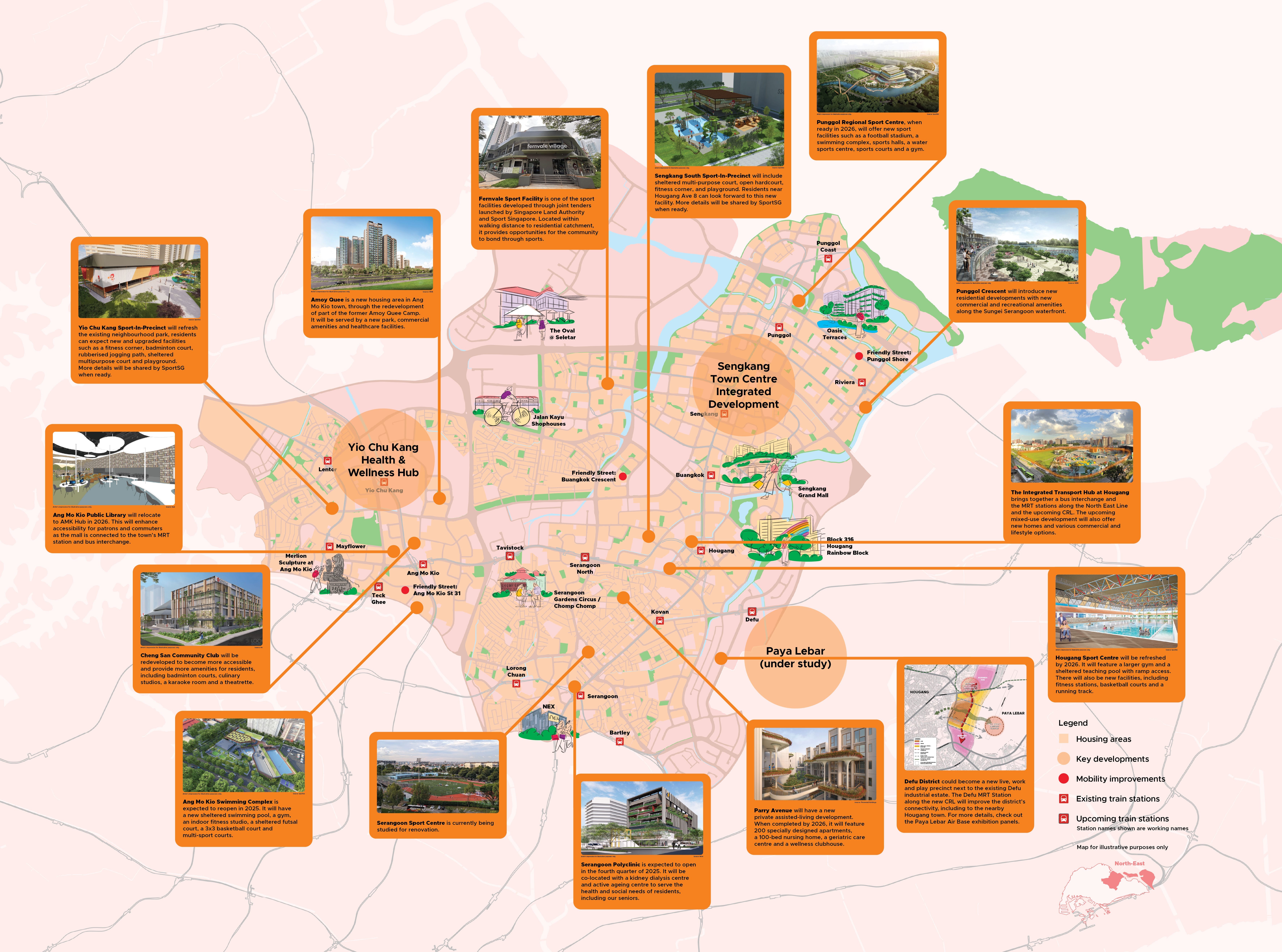 Map of future developments in North-East Singapore, with key development highlights and a legend for housing, mobility, and transport.